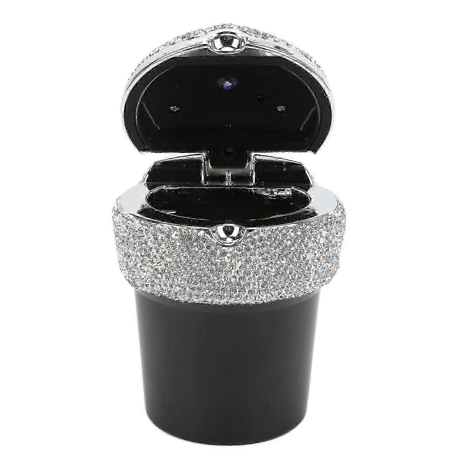 Car Ashtray DiamondStudded Smokeless Container with LED Light Indicator Multifunctional Universal(White)