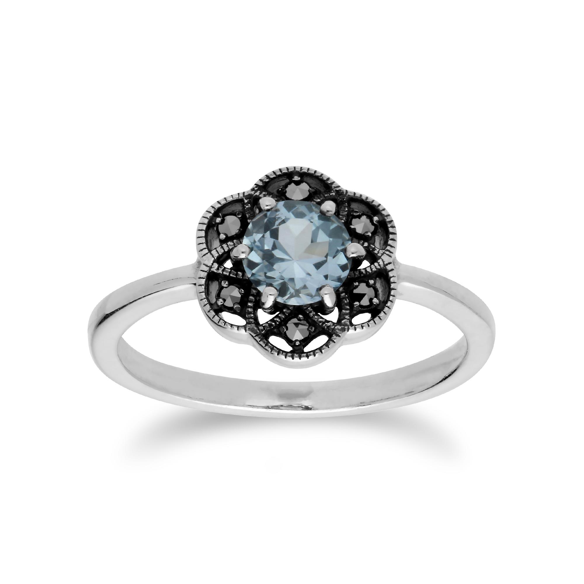 Floral Round Blue Topaz & Marcasite Daisy Ring in 925 Sterling Silver 214R599401925