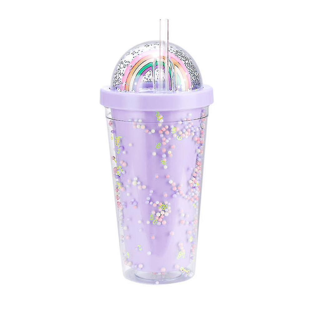 thumbnail image 1 of Botella de agua de plástico arcoíris de 550ml, taza para beber de lentejuelas de doble capa con pajita, regalo para mujer y niña, 1 of 3