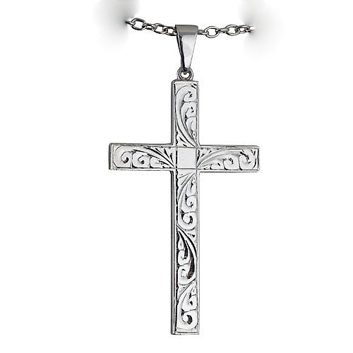 Silver 55x33mm hand engraved solid block Cross with bail on a cable Chain 24 inches