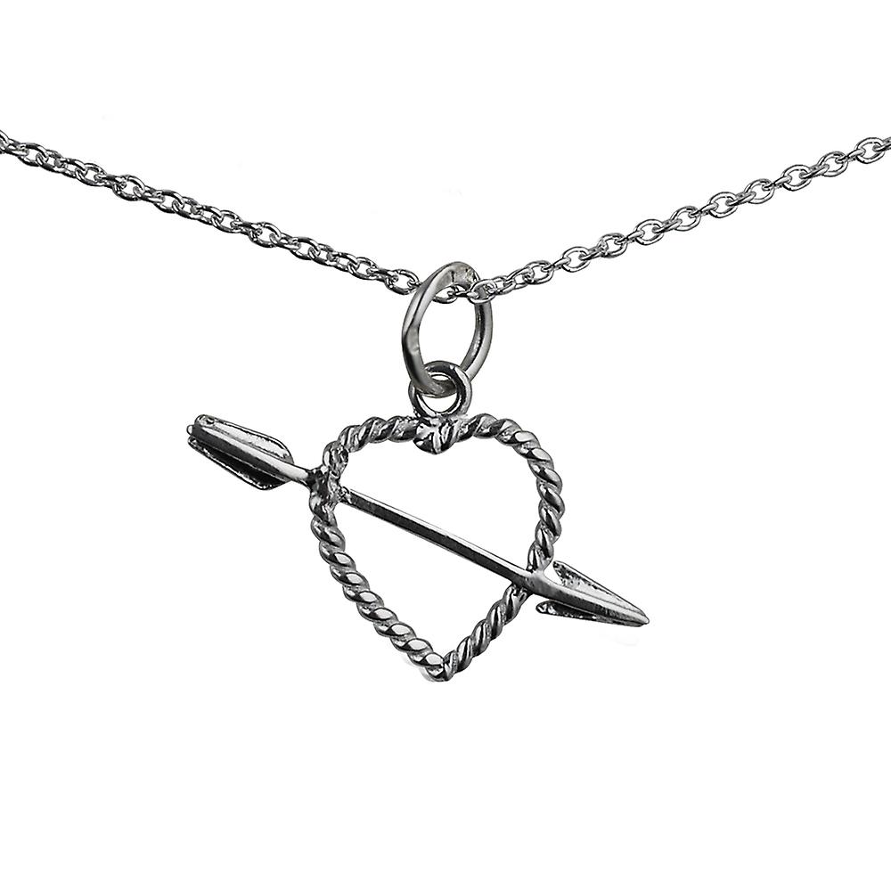 Silver 13x9mm twisted Heart with Cupids Arrow Pendant with a rolo Chain 24 inches