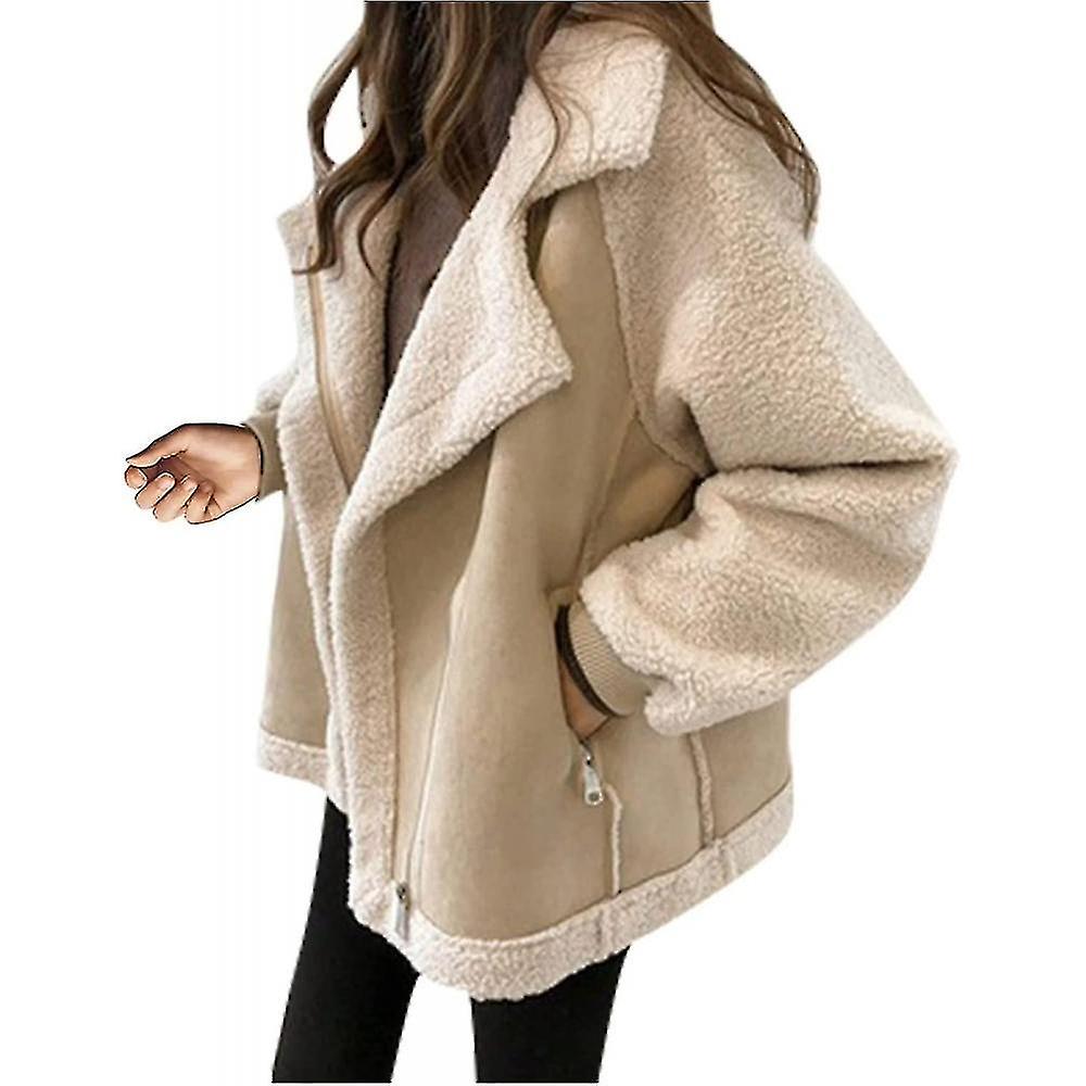 Women's Fleece Coat Casual and Comfortable Short Lambswool Biker Jacket with Faux Fur