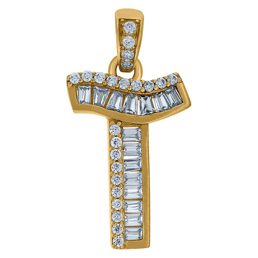 10k Yellow Gold Womens Round Baguette Cubic Zirconia Letter Name Personalized Monogram Initial Capital T Charm Pendant N