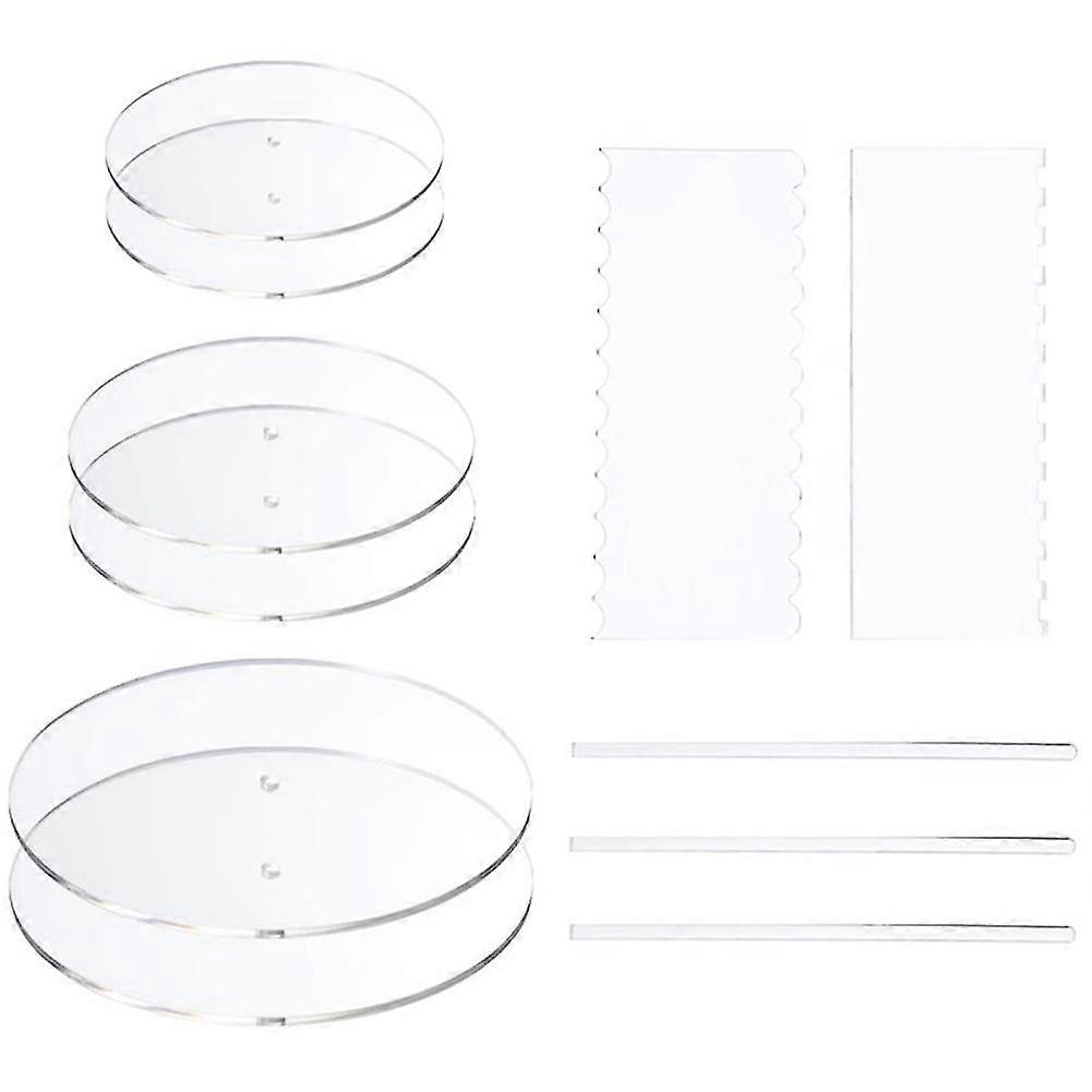 Acrylic Round Cake Disk Set - Cake Discs Circle Base Boards With Center Hole - 2 Comb Scrapers (4 P