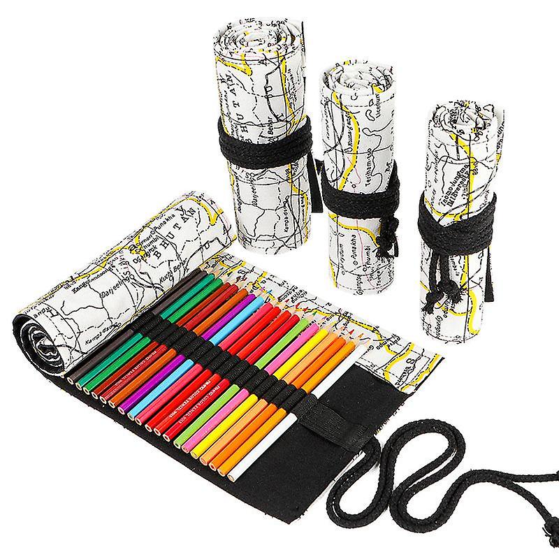Map Printing Canvas Pencil Curtain 12 24 36 48 72 Holes Large Capacity Rolling Pencil Case Color Lead