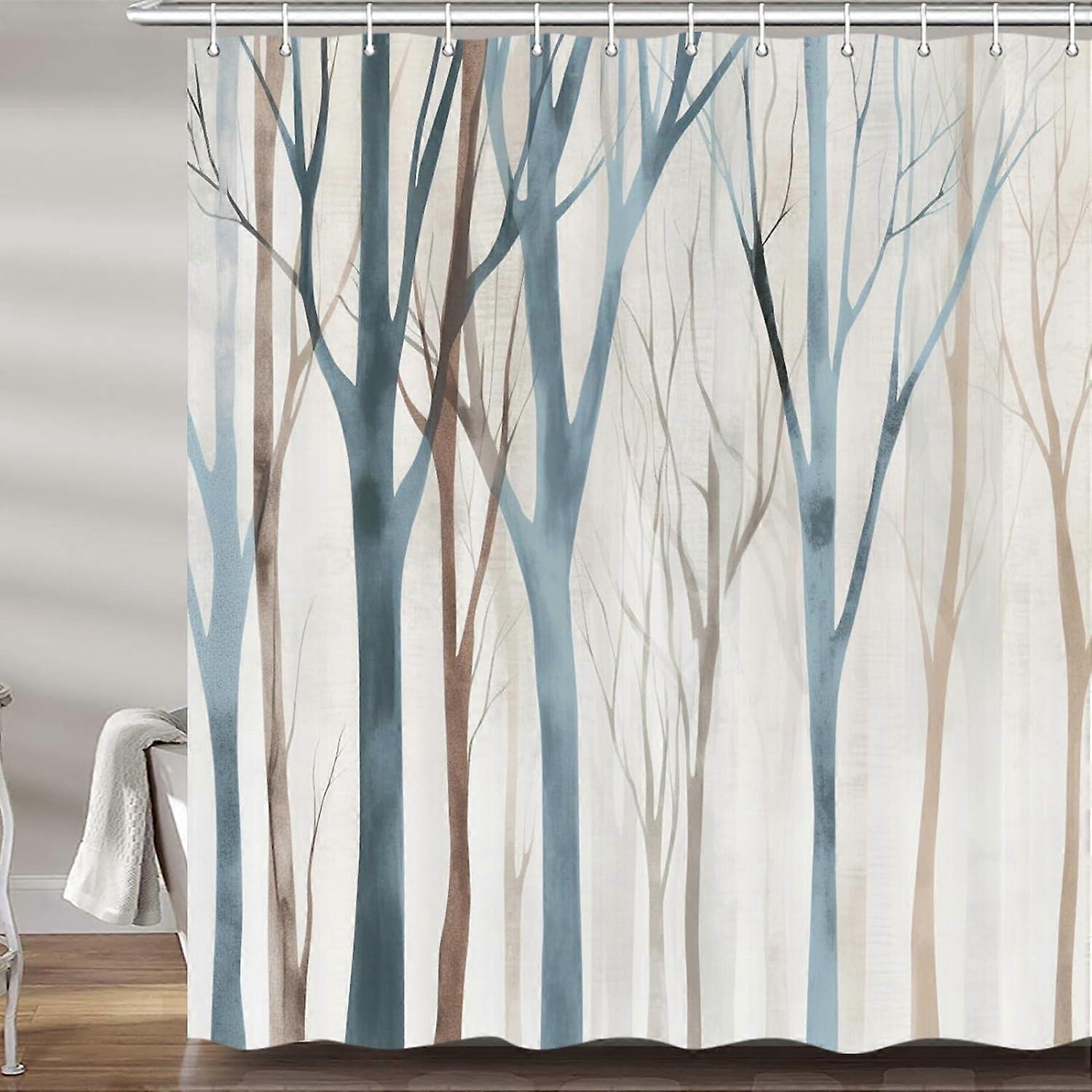 Blue and Brown Birch Tree Shower Curtain, Beige Tan Forest Abstract Art Rustic Fabric Shower Curtains Set for Bathroom Decorative, Farmhouse Restroom