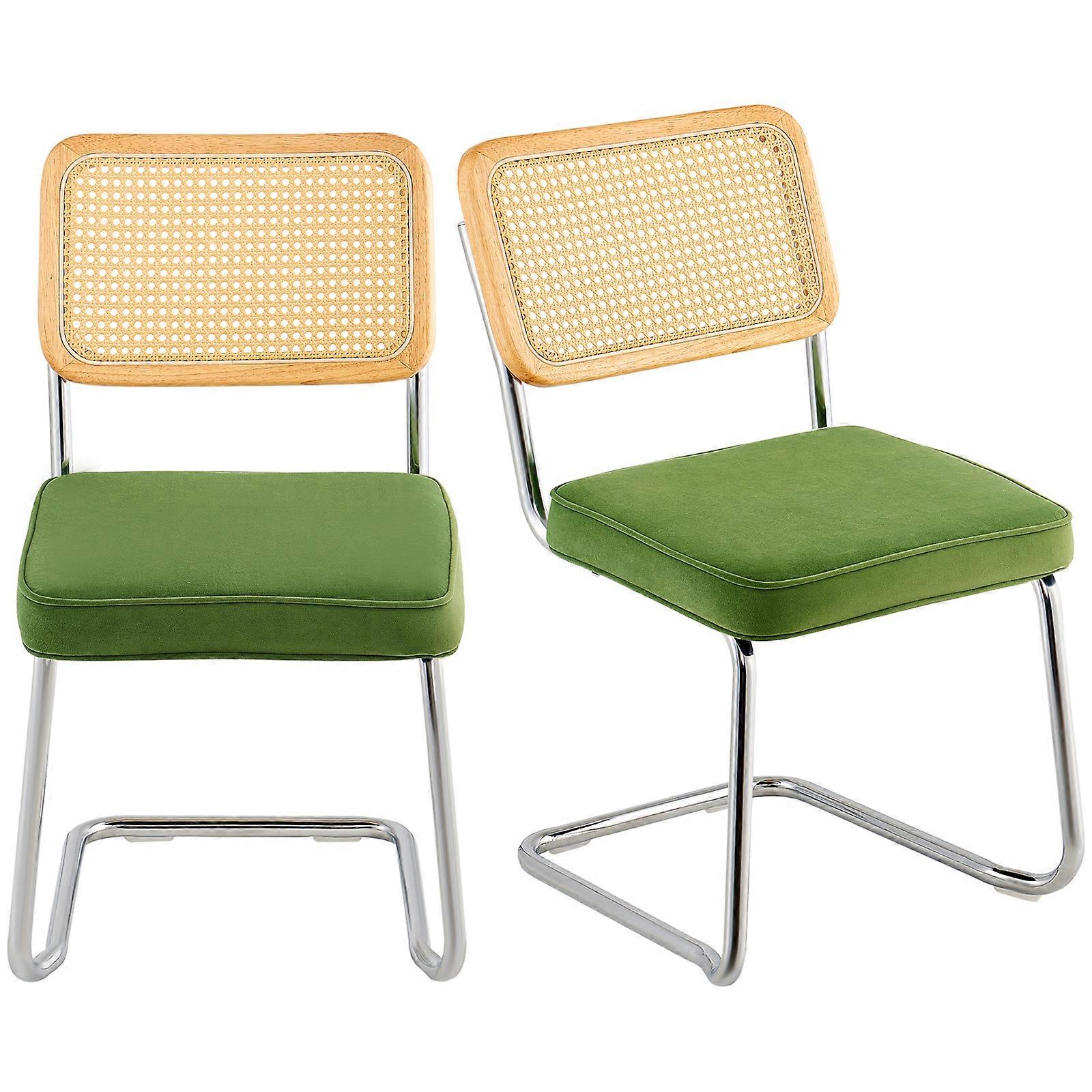 Rattanstühle, 2er-Set, Mid Century Modern Esszimmerstuhl, gepolsterter Samt-Akzentstuhl mit Rattanrückseite, Grün