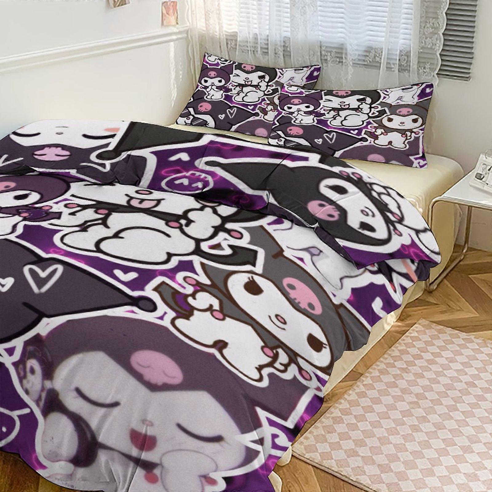 ملاءات السرير g984 طقم مراشح بطبعة Kuromi بنمط لحاف كوف طقم 3 قطع 1 غطاء لحاف و 2 غطاء وسادة للنساء والرجال والمراهقين tq984 ملاءات سرير