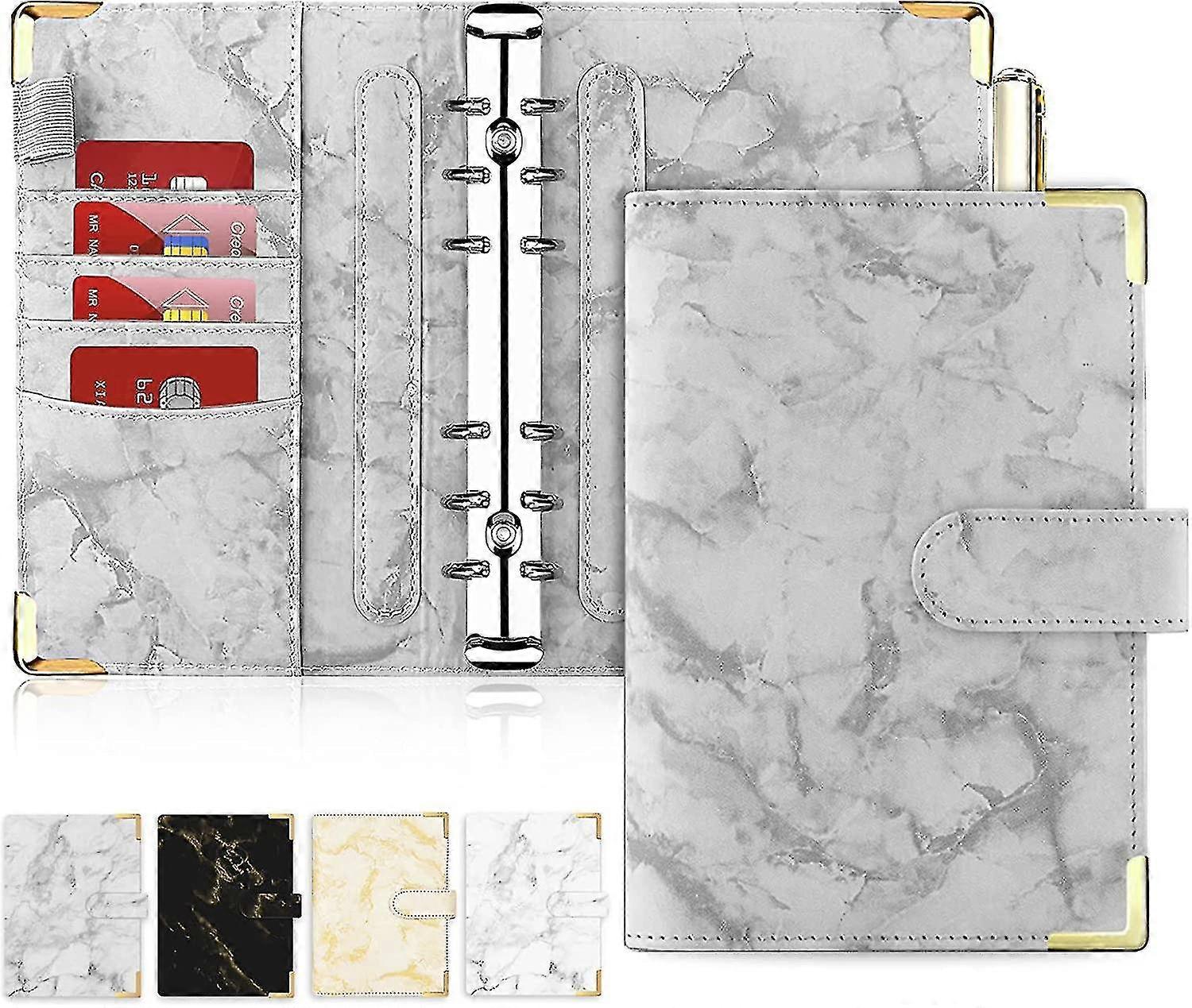 A6 Refillable 6 Ring Mini Binder, Marble Budget Binder, With Magnetic Buckle, Grey