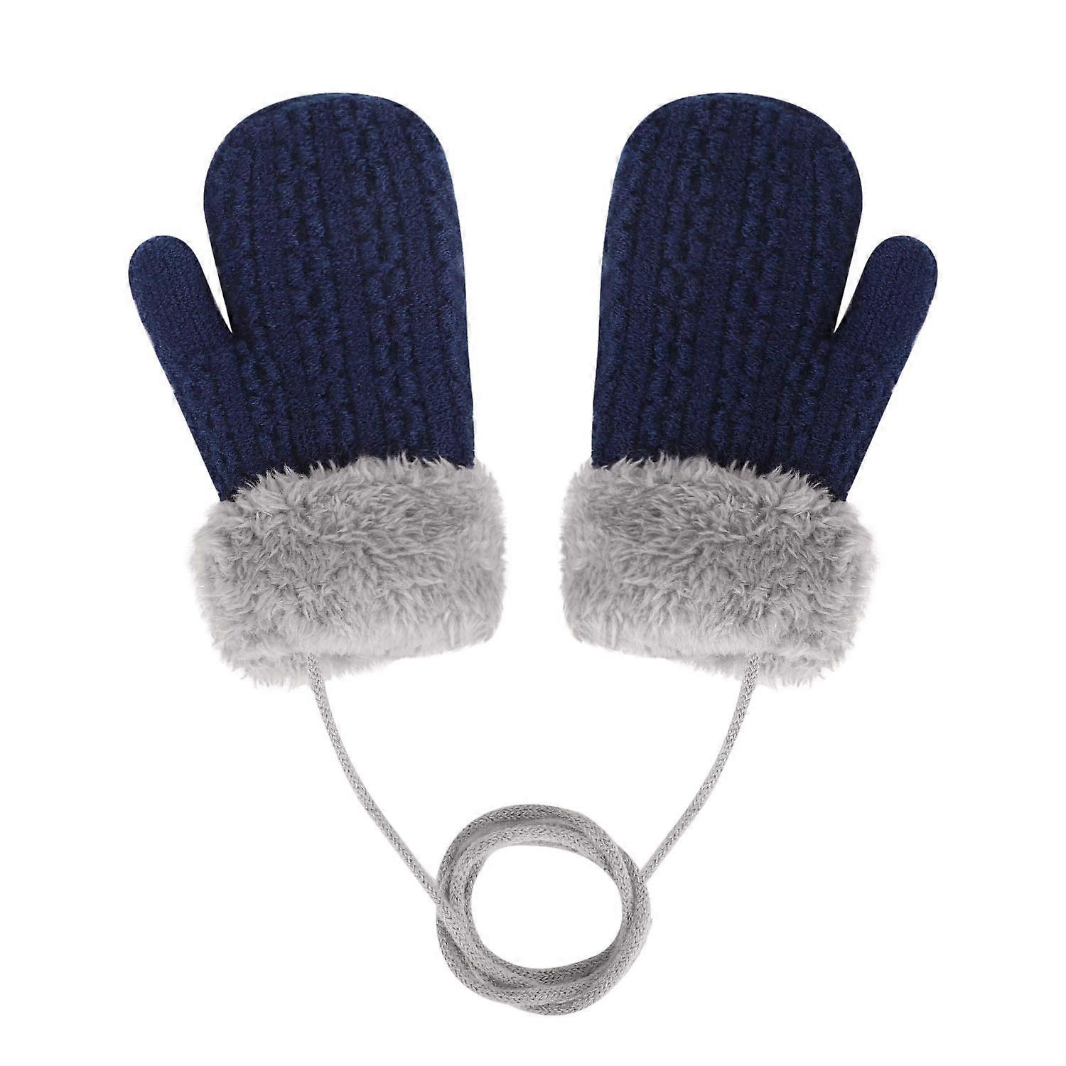 Toddler Kids Winter Warm Thick Plush Short Knitted Gloves With String for 1-3Yrs
