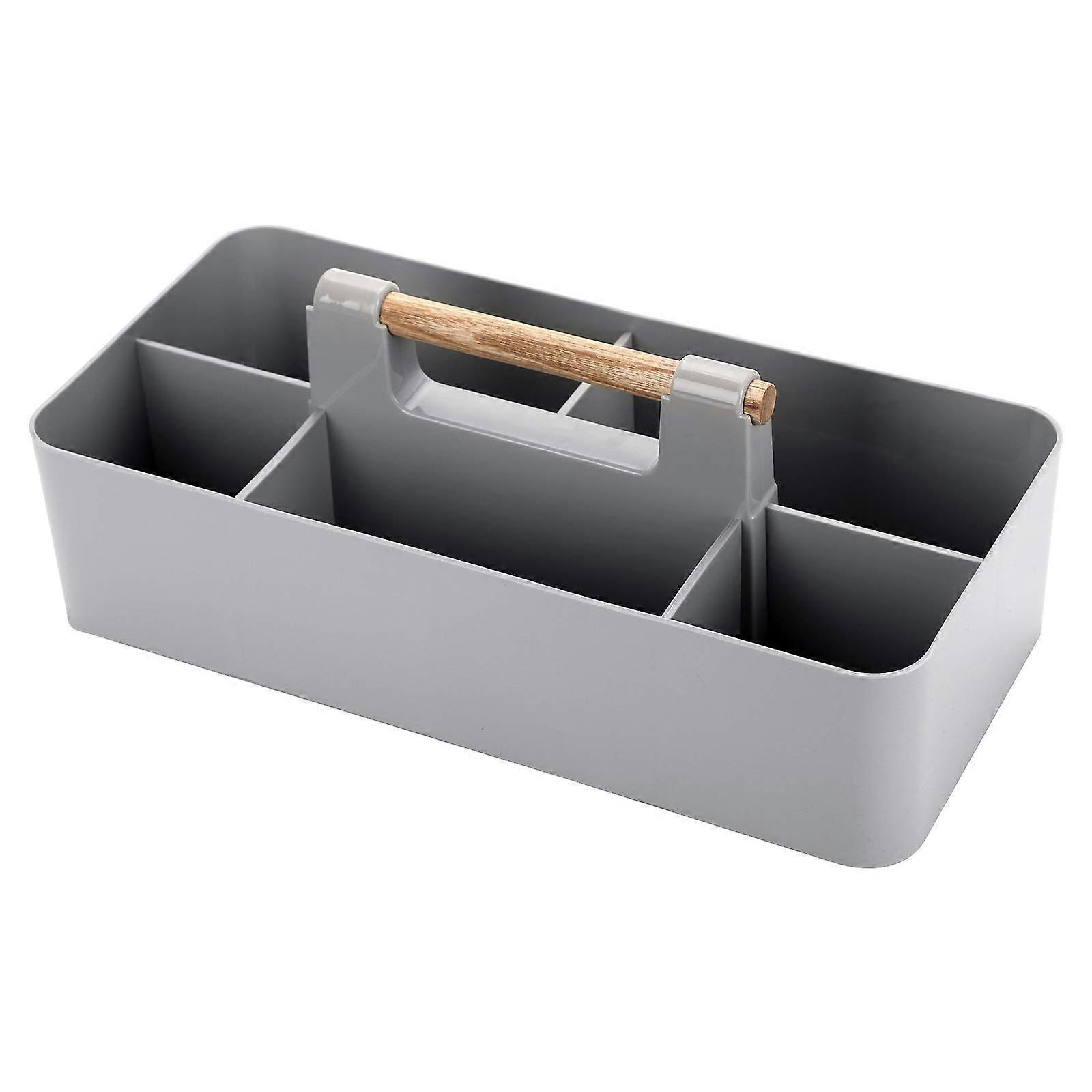 Rectangular Stackable Desktop Storage Organizer Tote Divided Basket Bin, 5 Compartments Storage Box Holder with Wood Handle (Light Grey)
