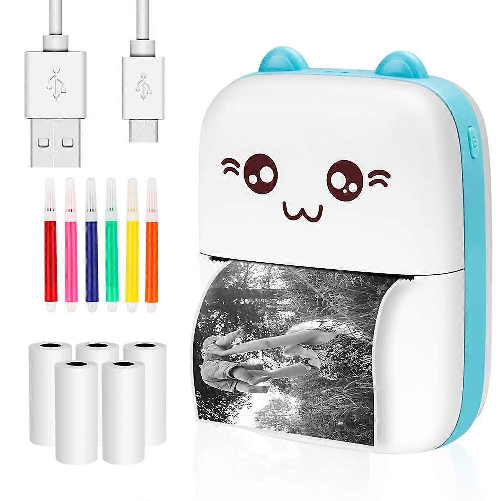Mini Thermal Printer, Pocket Bluetooth Printer Mobile Thermal Label Printer with 5 Roll Thermal Paper & 6 Colored Pens, Portable Photo Printer for And