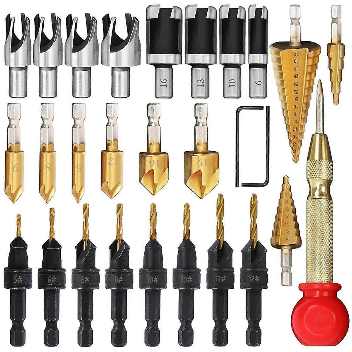 28 Pcs Woodworking Chamfer Drilling Tools, Including Countersink Bit, Wood Plug Cutter Drill Bit Se