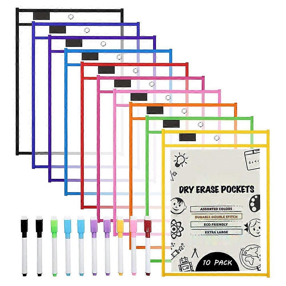 Dry Erase Pockets Sleeves, (10 Pack) A4 Paper Job Ticket Holders, Reusable Dry Erase Sheets for Cla