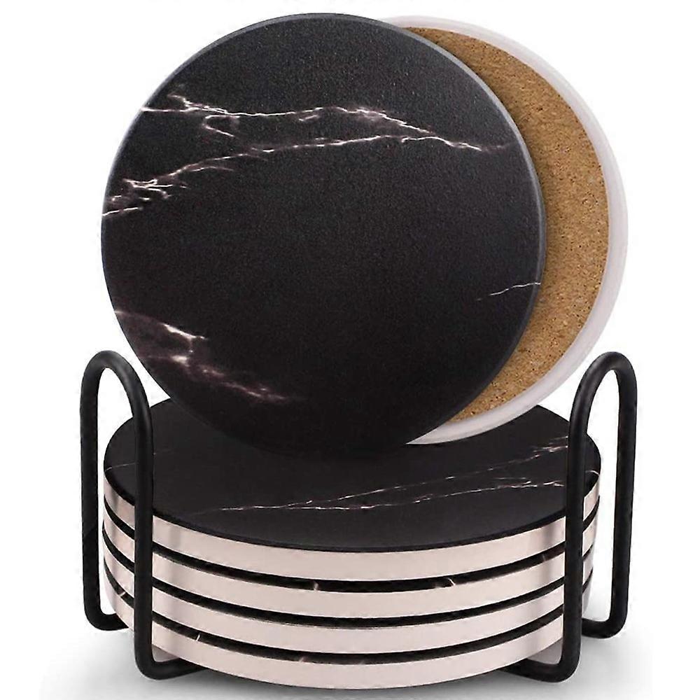 Coasters for Drinks, Ceramic Stone Coaster Set with Metal Holder Stand, Cork Base, Marble Surface P