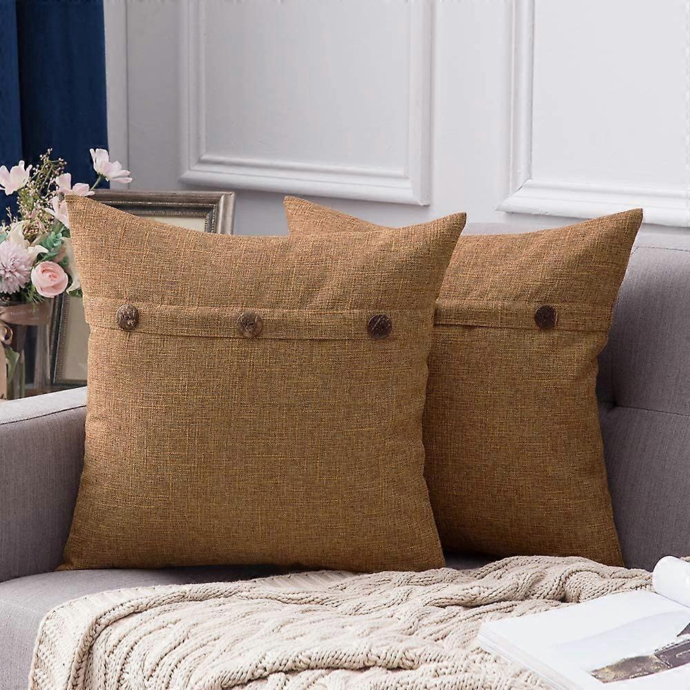 Set Of 2 Decorative Linen Throw Pillow Covers Cushion Case Triple Button Vintage Farmhouse Pillowcase For Couch Sofa Bed 18 X 18 Inch 45 X 45 Cm Beige