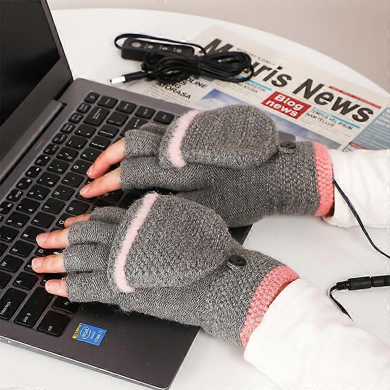 USB Heated Gloves Half Finger (Grey) Full Body Heated Warm Gloves Women Men Mittens Knit Gloves Adjustable Temperature Washable Winter Laptop Gloves