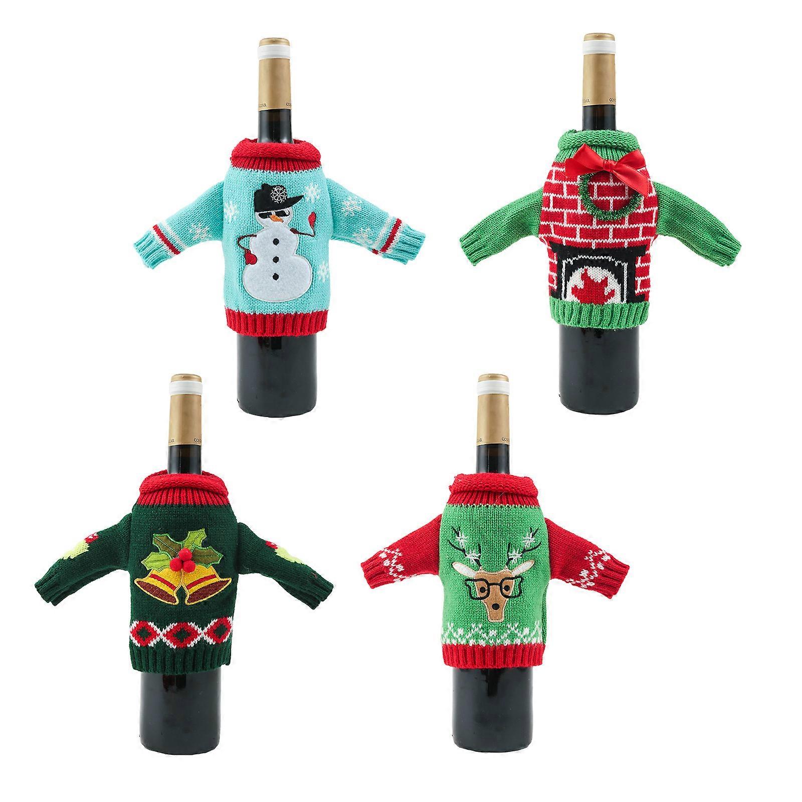 4 Pcs Christmas Red Wine Bottle Cover Decorations Knitted Clothes Wine Bottle Cover