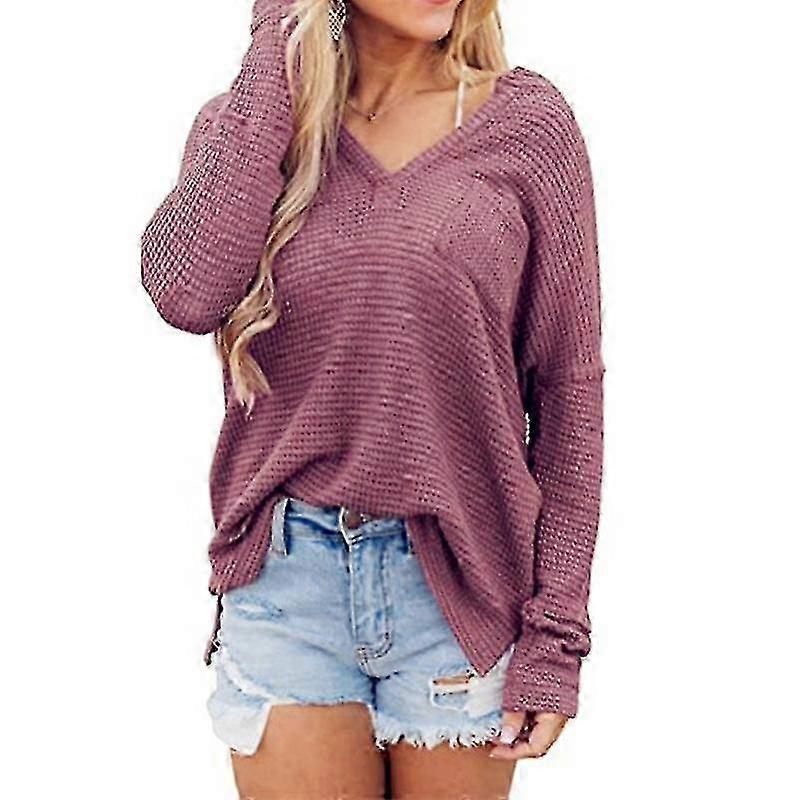 Damen Waffel Split V-Ausschnitt Langarm Casual Top