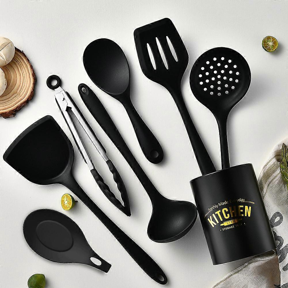 8pcs/set High-temperature Resistant Non-stick Pans, Cooking Spatulas And Spoons, Kitchen Utensils Set With Storage Bucket, Soup Spoon Pad, Kitchen Stu