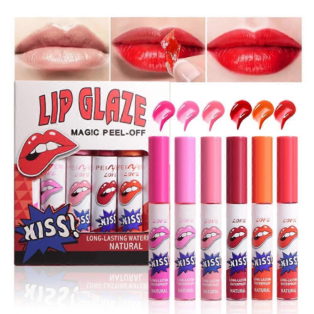 6 Colors Magic Peel-Off Lip Glaze Set, Waterproof Magic Color Lip Tint Stain Liquid Lipstick, Peel Off Lip Stain Set, Non-Stick Cup