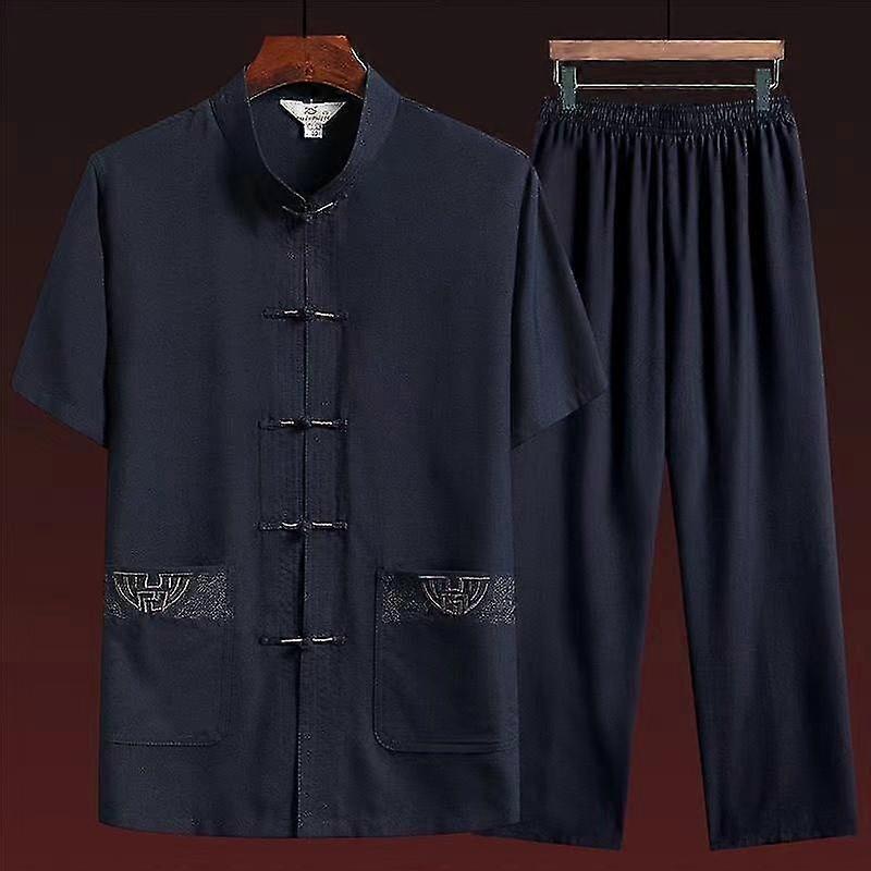 (2-osainen setti)kiinalaistyylinen lyhythihainen puuvilla- ja pellava tang-puku Miesten keski-ikäinen ja iäkäs vaatelevy Solki Liinavaatteet Zhongshan Hanfu Summer Su
