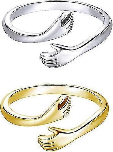 2 Pieces Hugging Hands Finger Rings Golden Silver Plated Hands Embrace Open Rings Adjustable Couple Hug Rings Romantic Lover Statement Stackable Retro