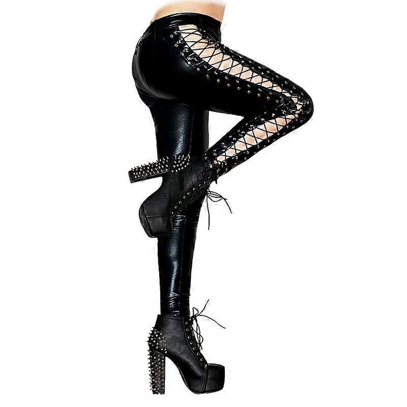 Sexy Women Black Wetlook Pants Female Two Side Studded Long Pants Erotic Fetish Faux Leather Laced Up Tie leggings Club Wear