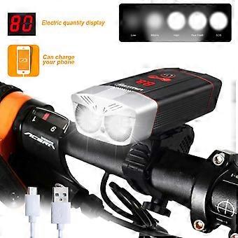 Vanntett 2LED / 5LED / 6LED / 8 LED USB Front Sykkel Lys Med Digital Display Innebygd Batteri Power Bank Funksjon MTB Sykkellampe