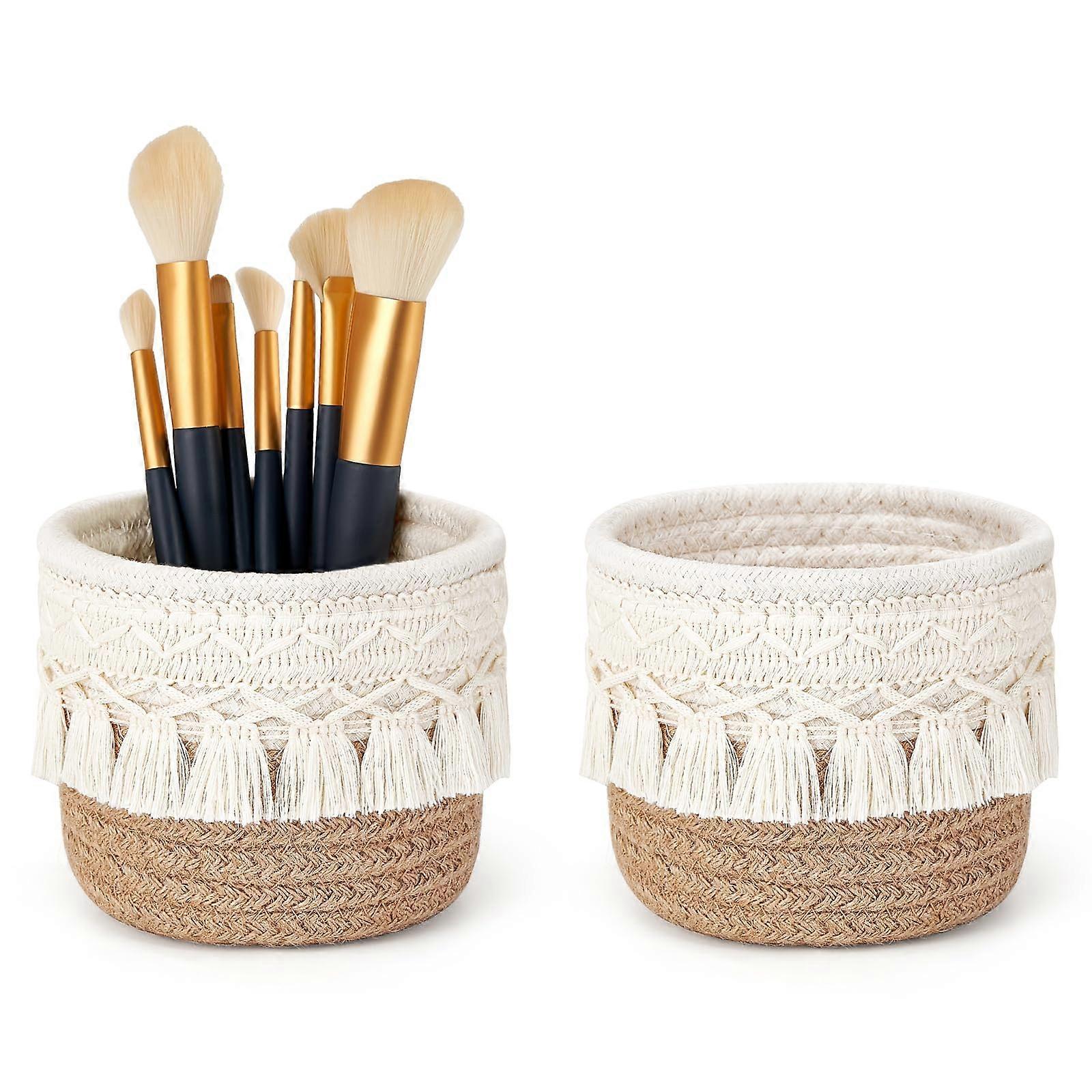 Macrame Makeup Brush Organizer Set 2-Piece Boho Decor Baskets Multi-Pack Vanity Storage For Makeup Brushes