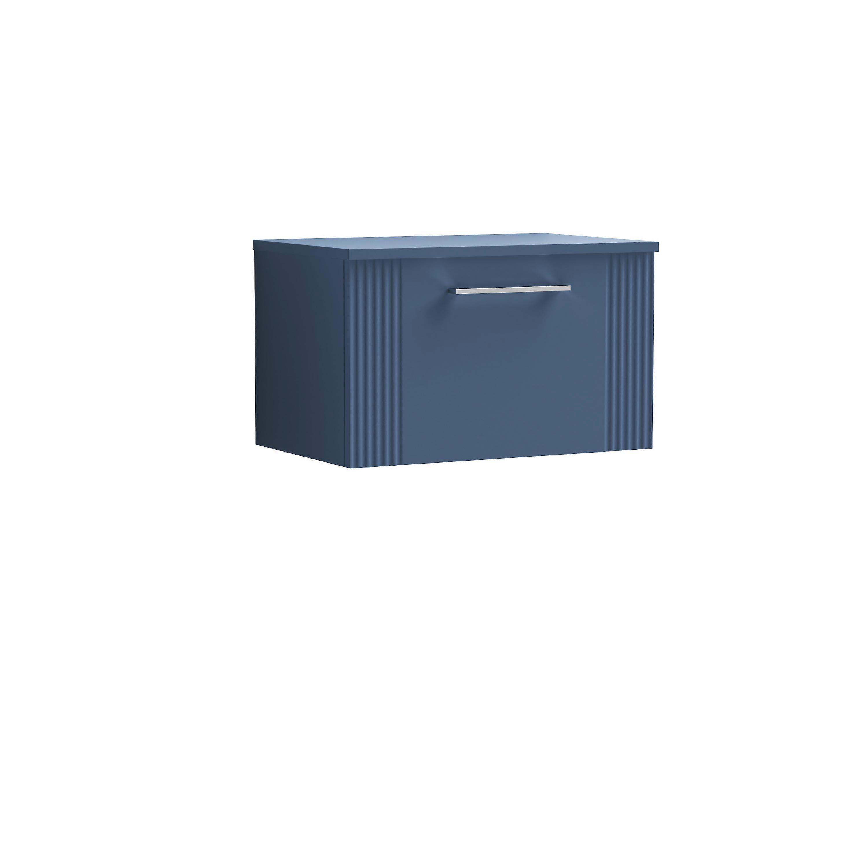 Partial Fluted 1 Drawer Wall Hung Vanity Unit with Colour Coordinating Laminate Worktop - 600mm - Satin Blue 