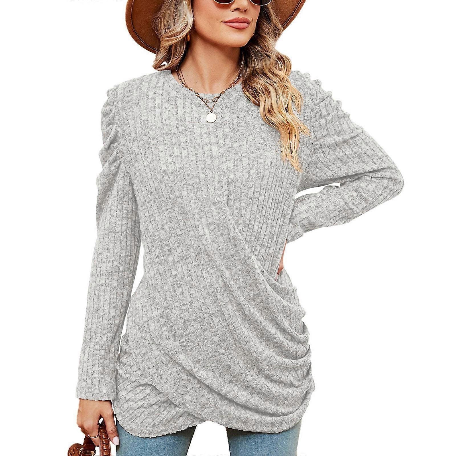 Femmes Automne Tshirt À Manches Longues Col Rond T-Shirts Casual Loose T-Shirt Mode Chemisiers Tops Tuniques T-shirts Couleur unie gris clair XL