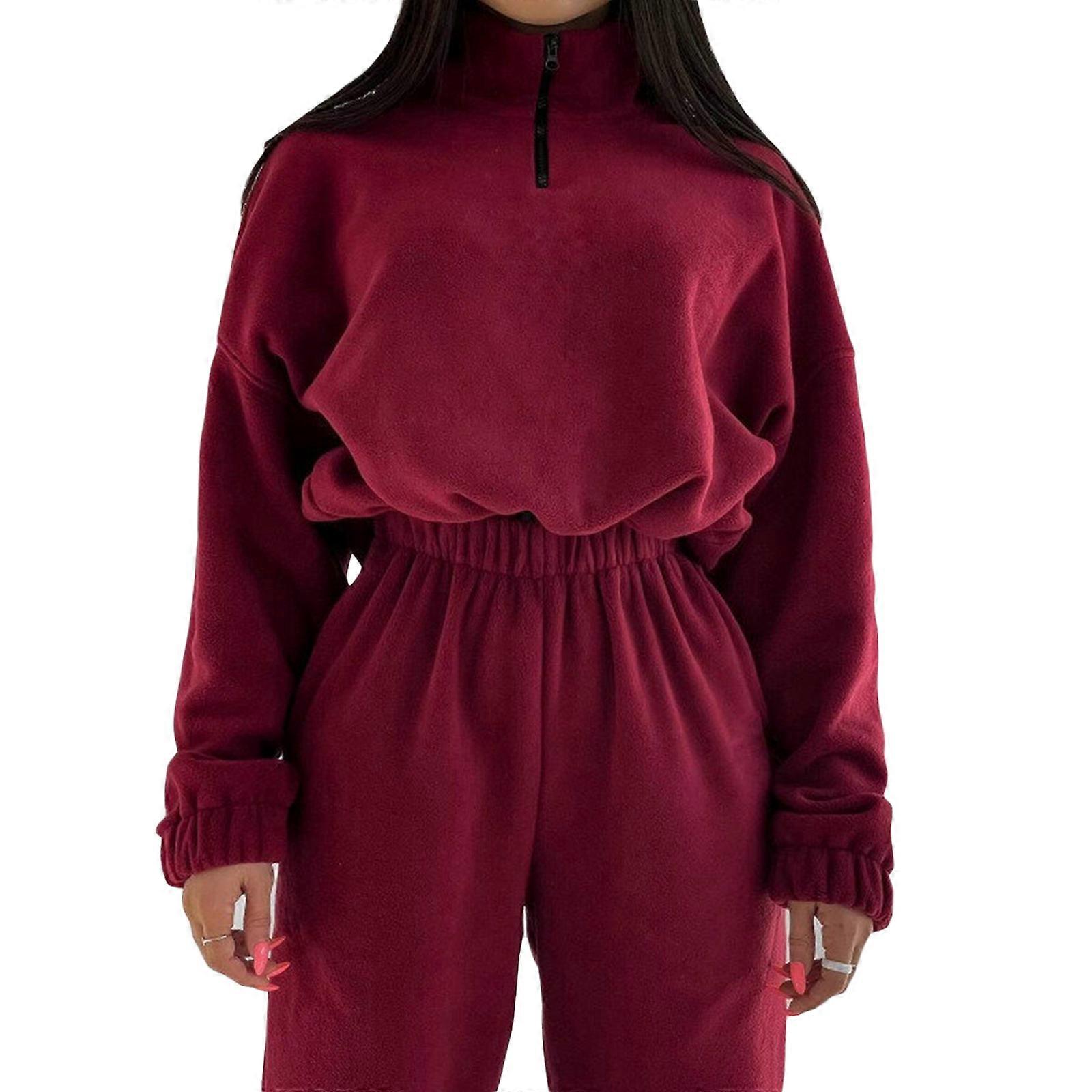 Women's Tracksuit Fleece Sweatshirt Two Piece Set Fashion Outfit Jogger Pants Sets Female Autumn Casual Sportswear Suit  Burgundy XL