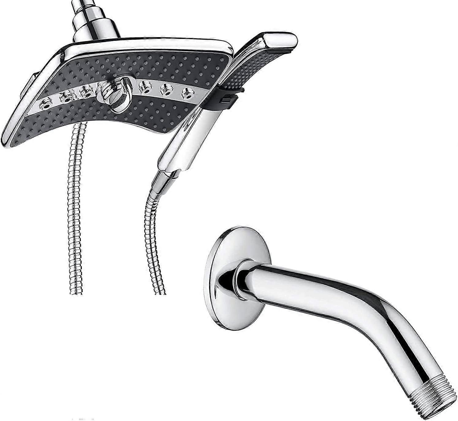 Chrome Shower Arm Dual Shower Head Combo Set with 6 Inch Handheld and Rain Shower Heads, Adjustable Height, Easy Installation