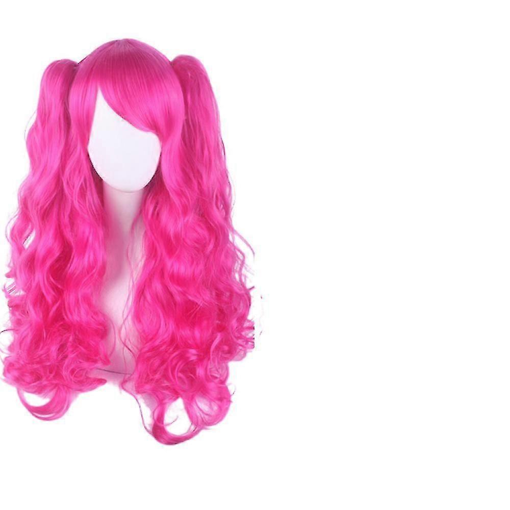 Jusch Lolita Long Curly Clip Sur Queues De Cheval Cosplay Perruque, Double Queue De Cheval Tiger Clip Perruque Longue Bouclée (Rose Chaud), wz-1336r