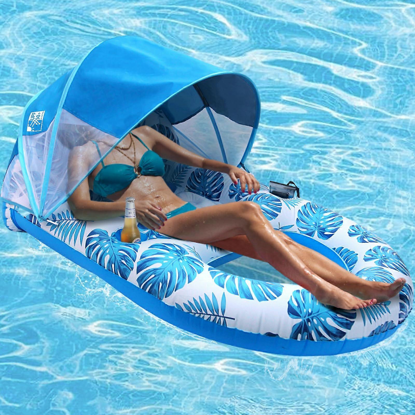 Canopy Pool Salon Bundle UPF 50+ Extra Large Inflatable Pool with Heavy Duty Construction, Cup Holder, Backrest, Blue