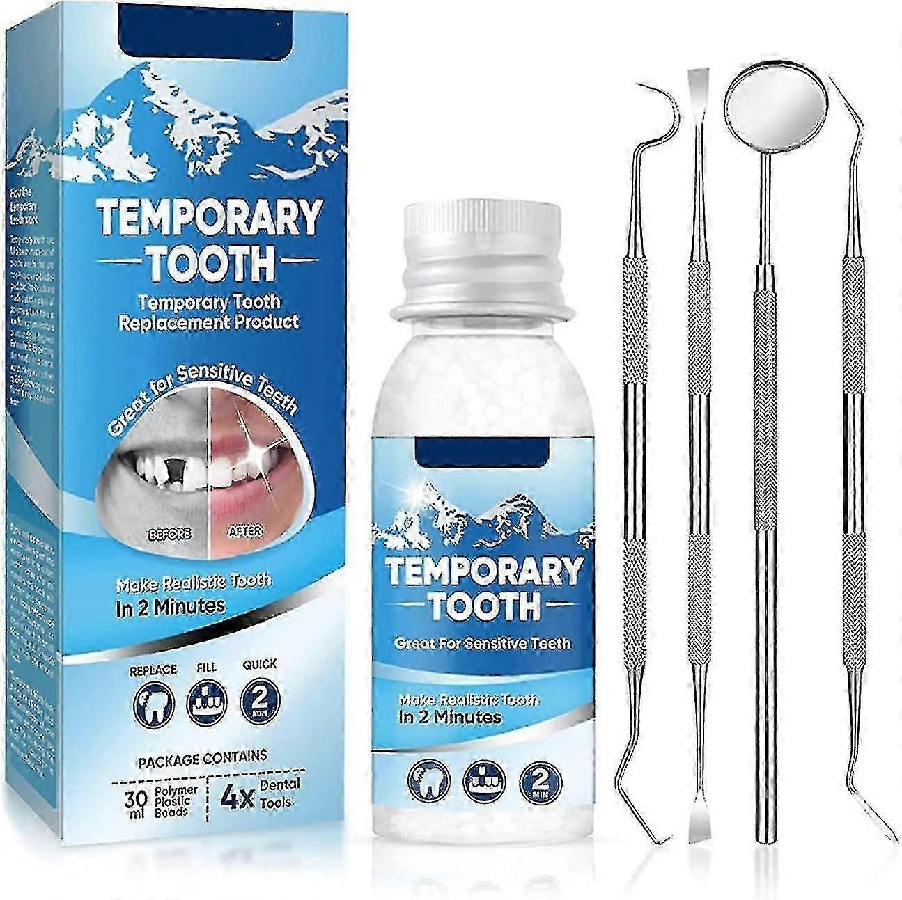 歯の充填修理キット、4つの歯科用ツールを備えた一時的な歯のフィラー、一時的な歯の固定用の歯の交換キット、DIY成形可能な入れ歯