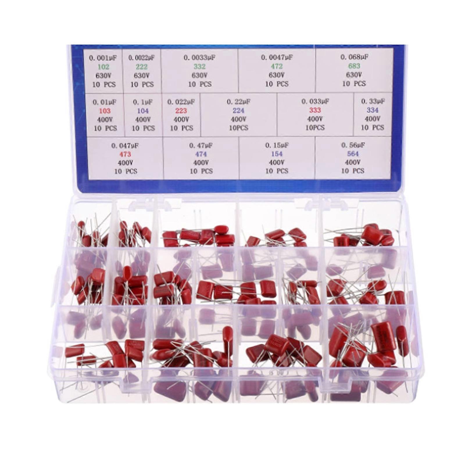 150PCS CBB Polypropylene Film capacitor 0.001uF-0.068uF 630V and 0.01uF-0.56uF 400V CBB Capacitors Assortment Kit