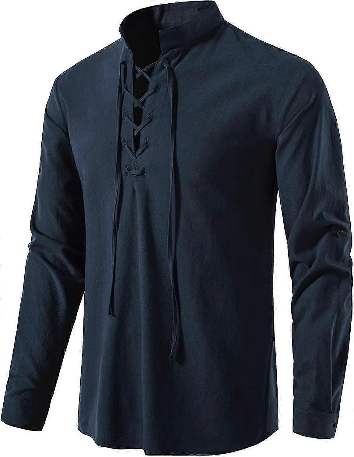 Men's 100% Cotton Retro Style Lace Up Long Sleeve Shirts For Medieval,viking,hippie Matching