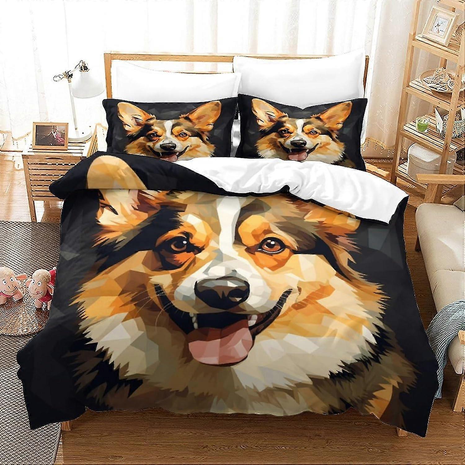 Corgi Oil Painting Duvet Cover Set 3D Cute Printed Bedding 3 Piece Microfibre Soft Duvet Cover with Zip Closure
