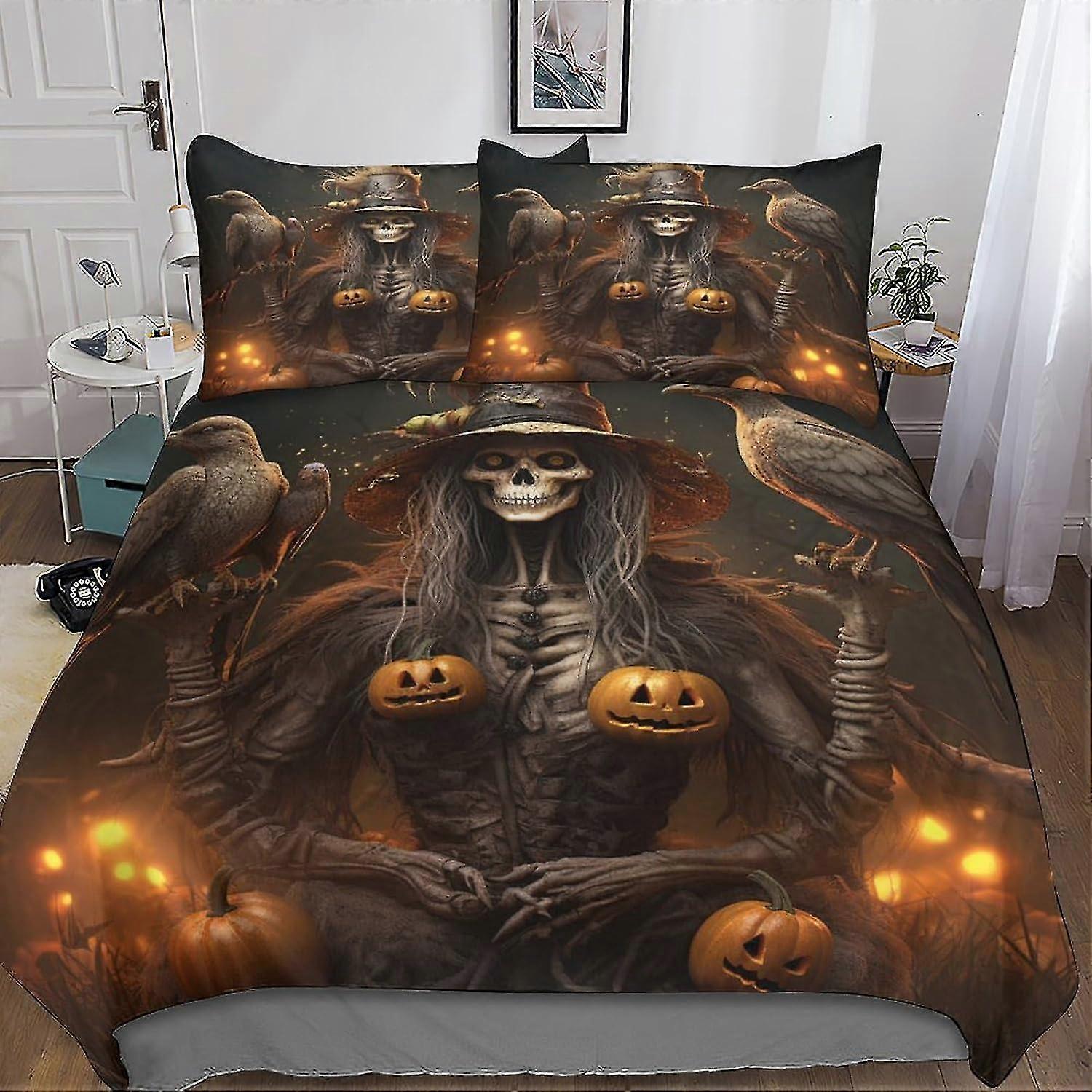 Halloween Witch Bedding Set 3 Piece AI Animation Printed Microfibre Zip Duvet Cover