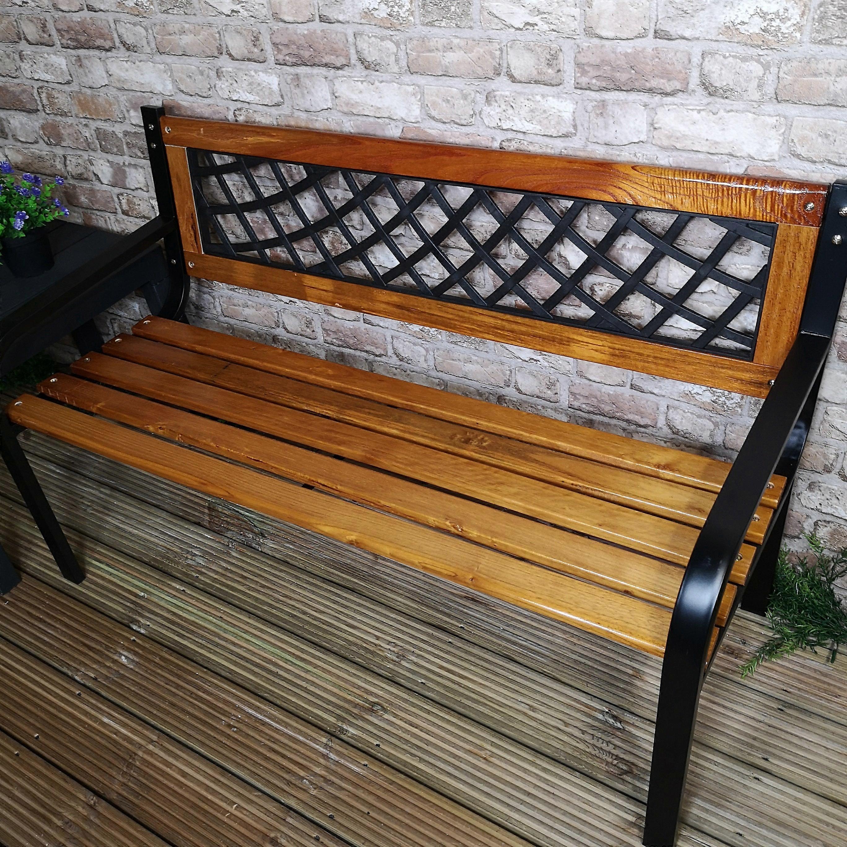 118Cm Wooden 2 Seater Garden Bench With Metal Frame & Lattice Inlay