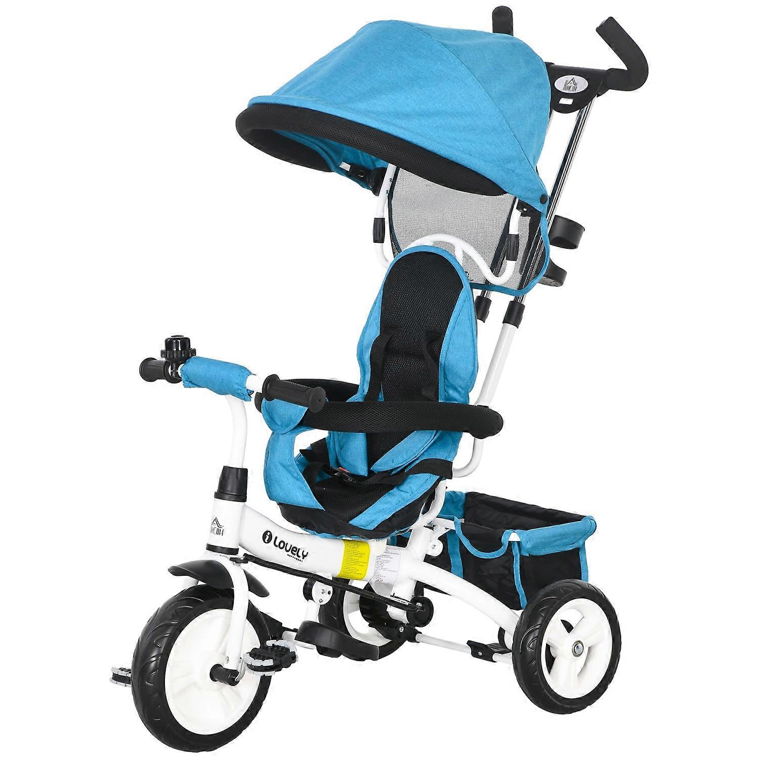 6-in-1 children's tricycle with boot bar, roof, belt, storage basket, for 1-5 years, blue