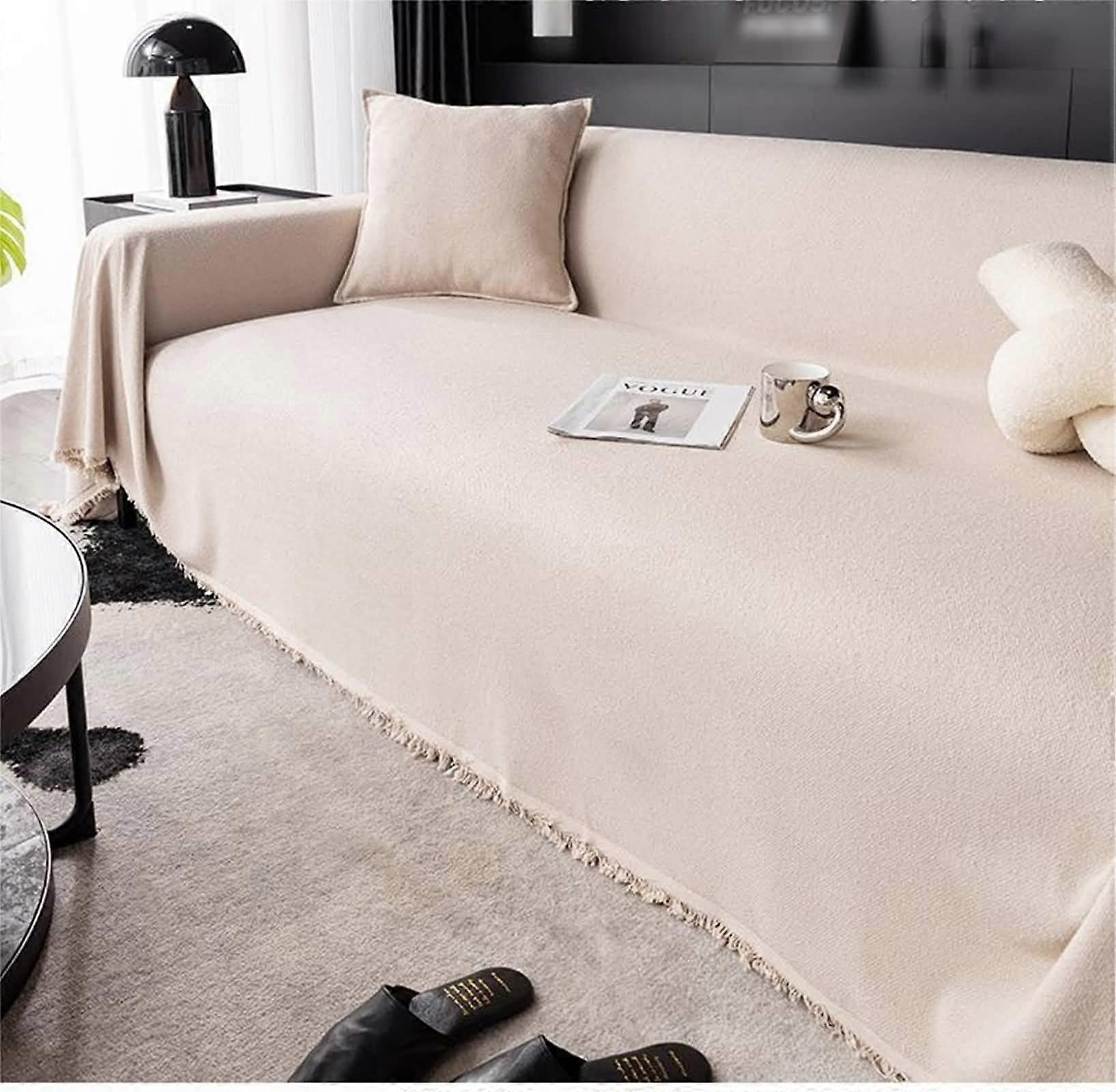 Sofa cover, polyester living blanket light khaki solid color with fringe sofa cover 2 seater (180x280cm)