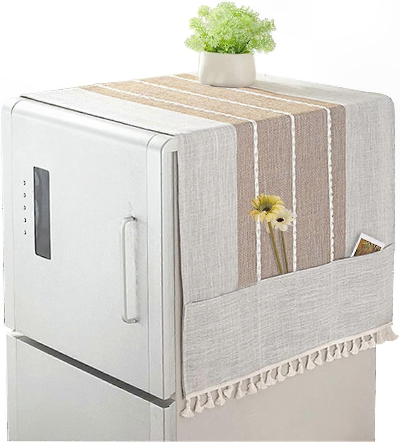 Housse en tissu rayé brun pour machine à laver, réfrigérateur et micro-ondes avec sacs de rangement inclus