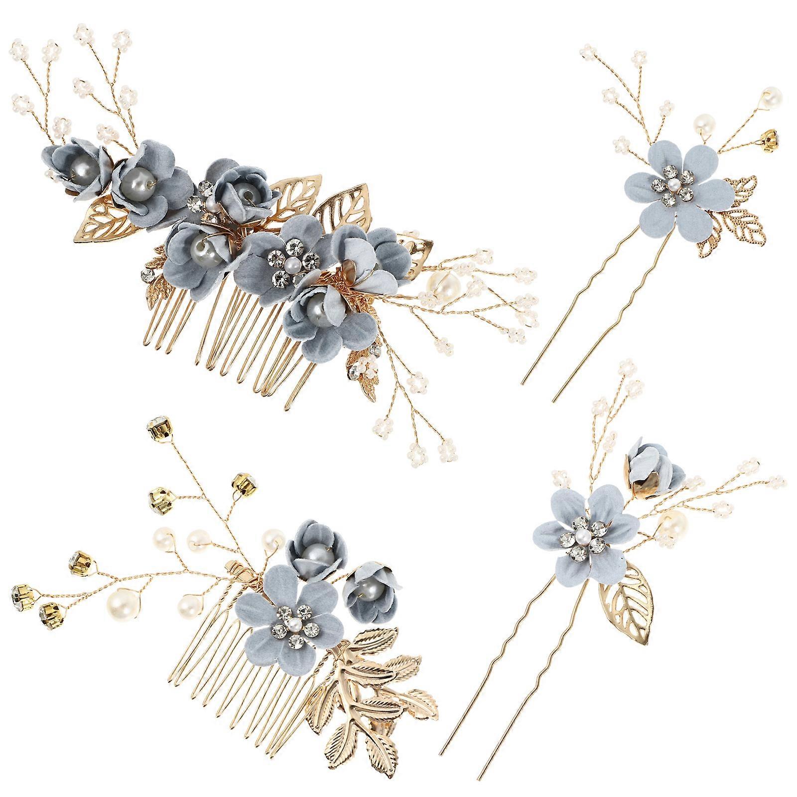 Blue Alloy Wedding Hair Comb Set for Bridal Special Occasions with Delicate Crystal 4 Pieces