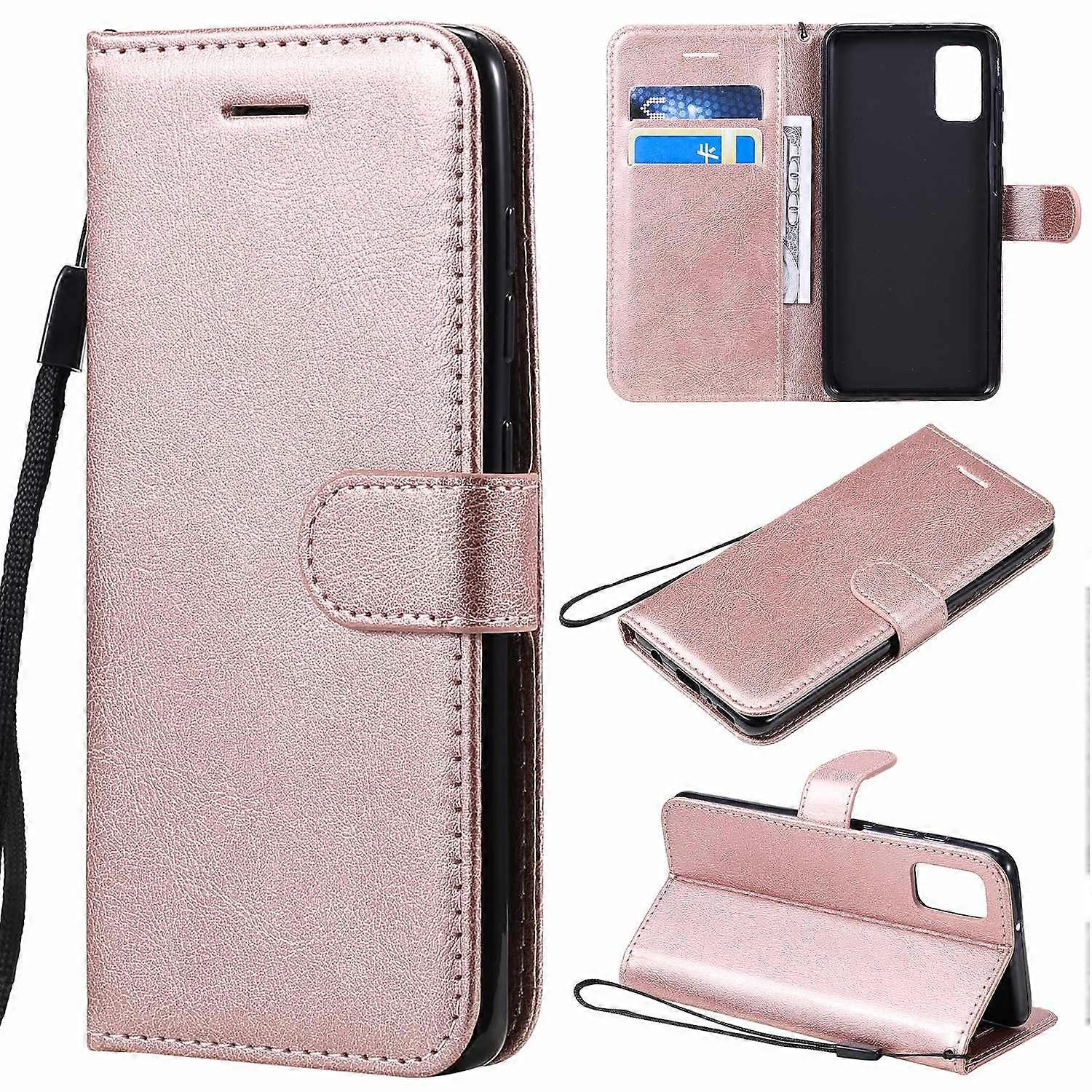 For Samsung Galaxy A41 (Global Version) Case Solid Color Leather Mobile Cover Wallet Stand with Stra