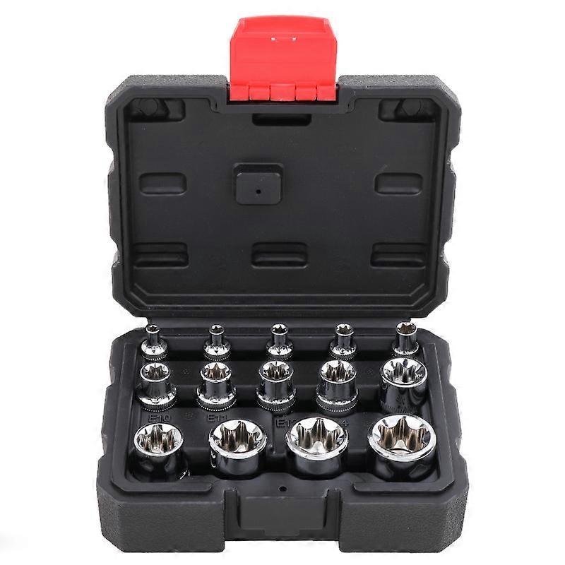 Fonepro E Socket Set 14-Piece, 1/2, 3/8, 1/4 Inch Female Torx Sockets, 14 Different Sizes, E4-E24