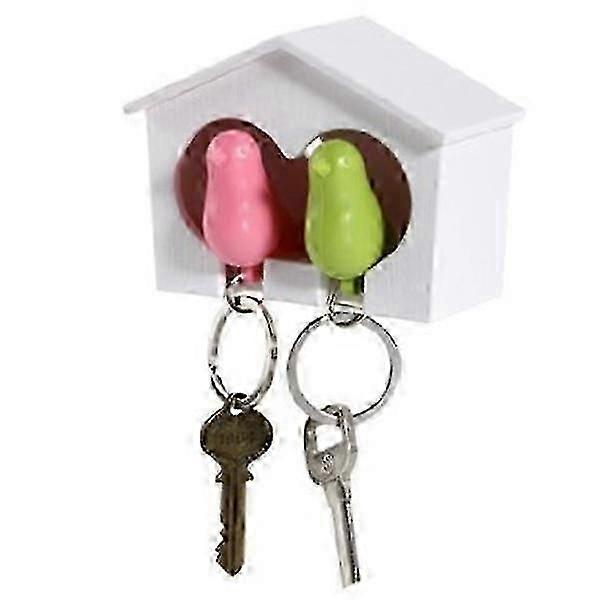 White Birdhouse with 2 Sparrow Key Holders Pink Green