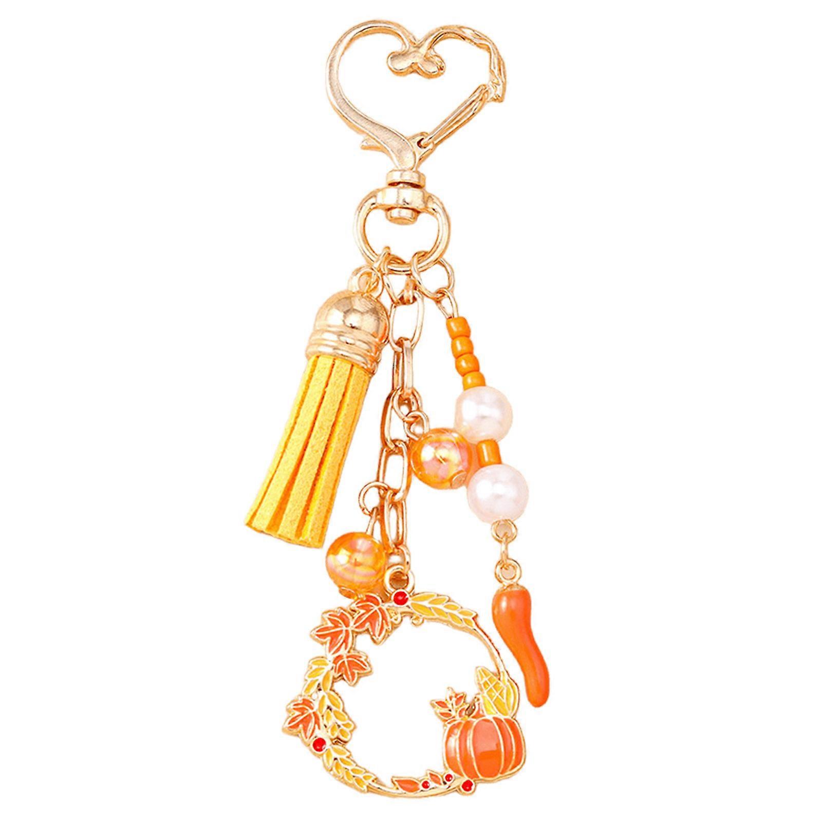 Playful Mushroom Pumpkin Keyring Decorative Beaded Accent Key Organiser Thanksgiving Theme Keychain For Purse Keys Multicolor